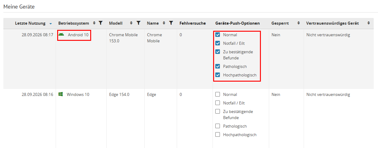 Geräte-Push-Optionen unter "Meine Geräte"