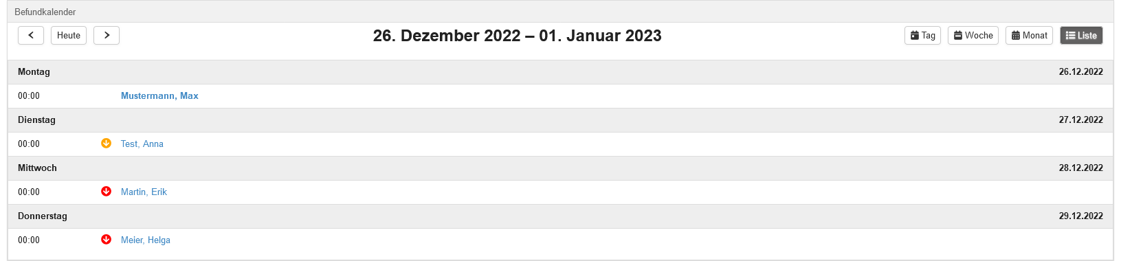 Widget "Befundkalender" - Listenansicht