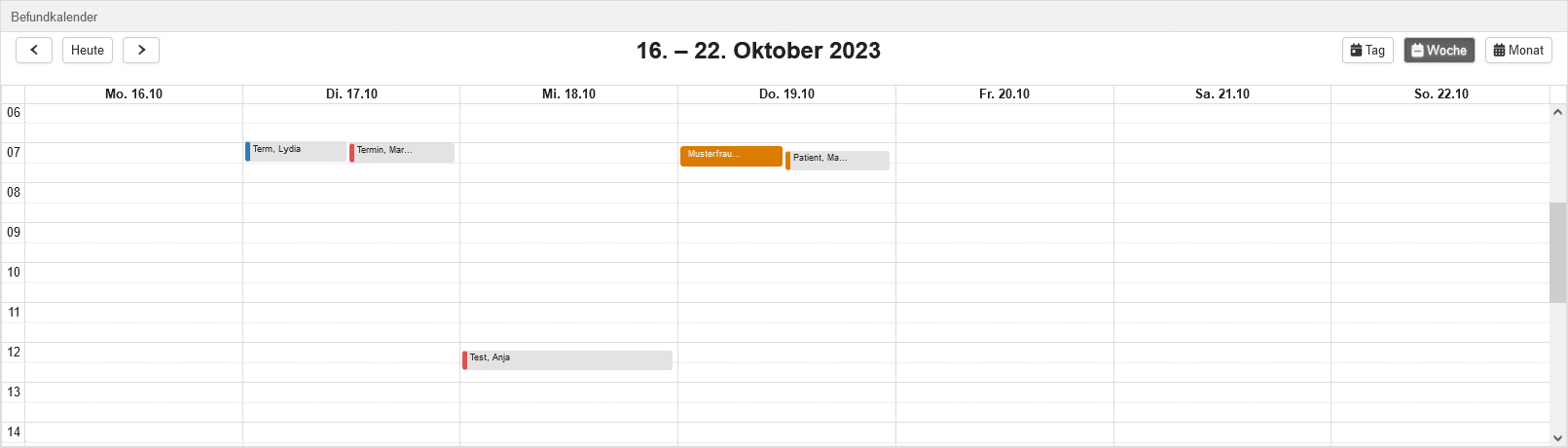 Widget "Befundkalender" -Wochenansicht