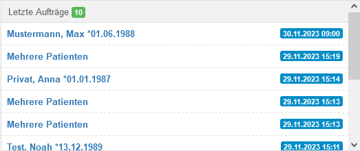 Widget "Letzte Aufträge"